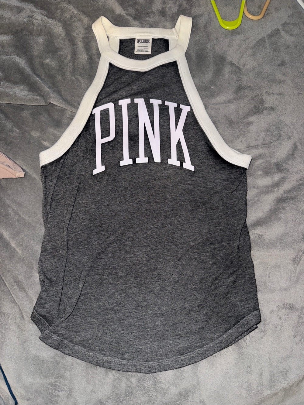 PINK Victoria's Secret Charcoal Gray Racerback Tank with White Trim